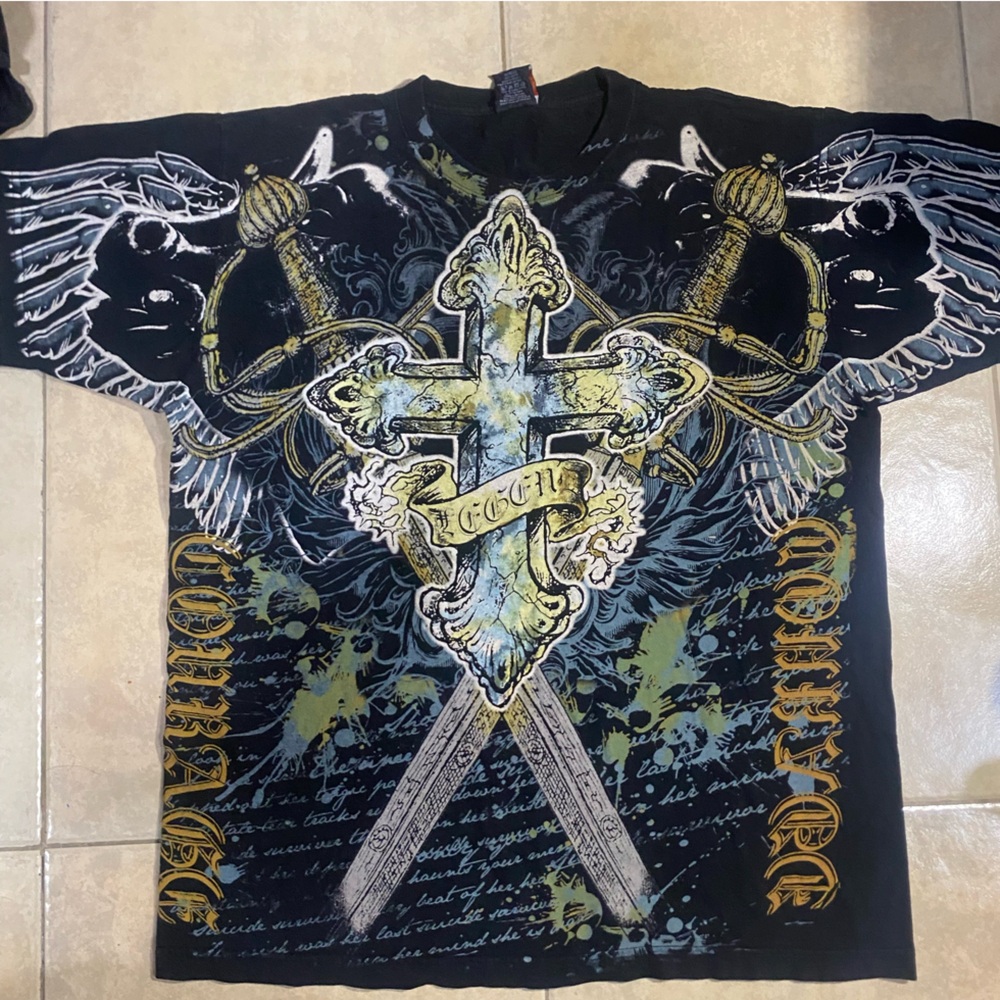 Affliction Black Graphic T-Shirt with Swords and Cross